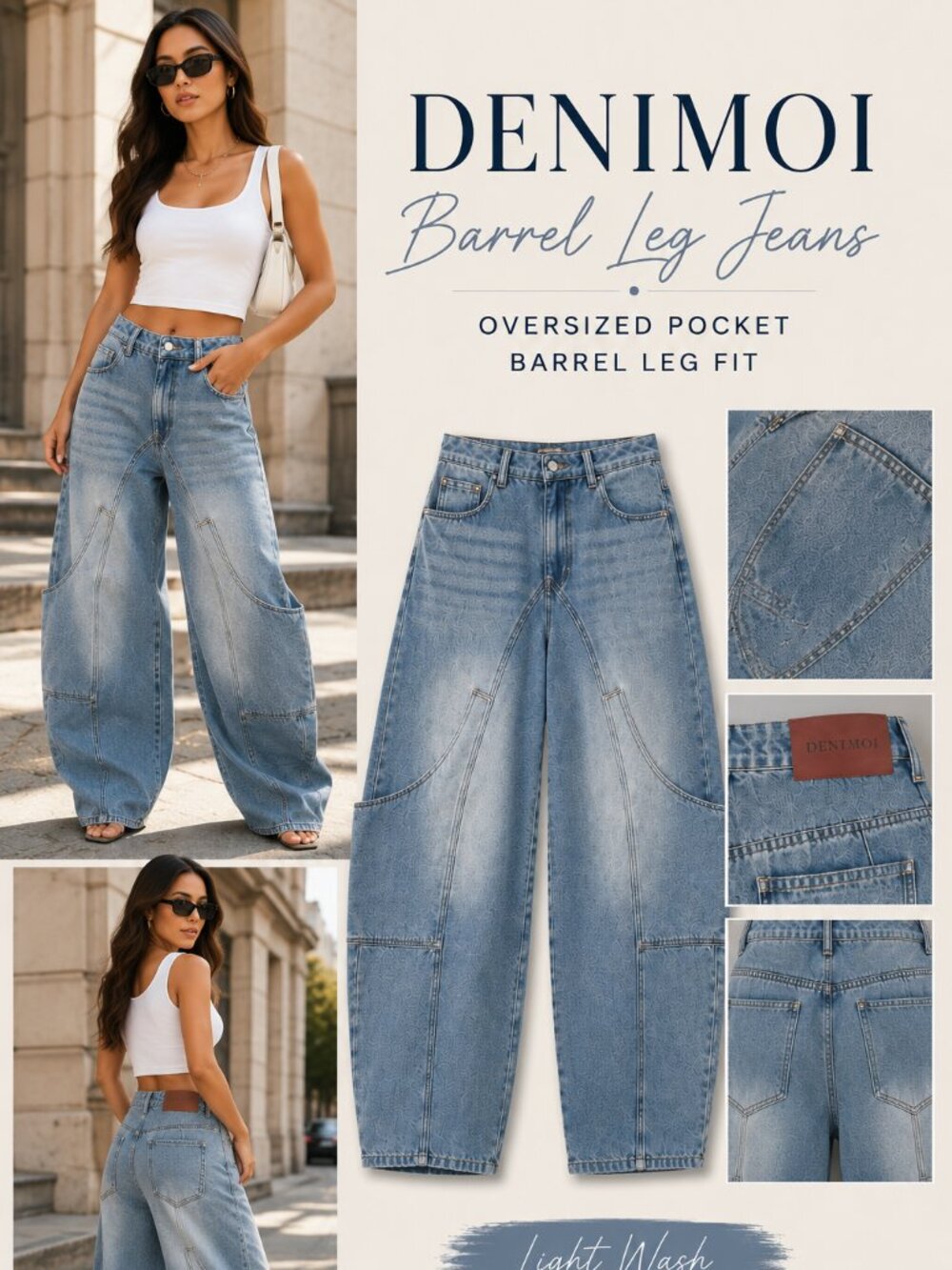 Light Wash Barrel Leg Harem Baggy Jeans Utility Pocket NWT Relaxed Ballon Denim - Picture 3 of 4